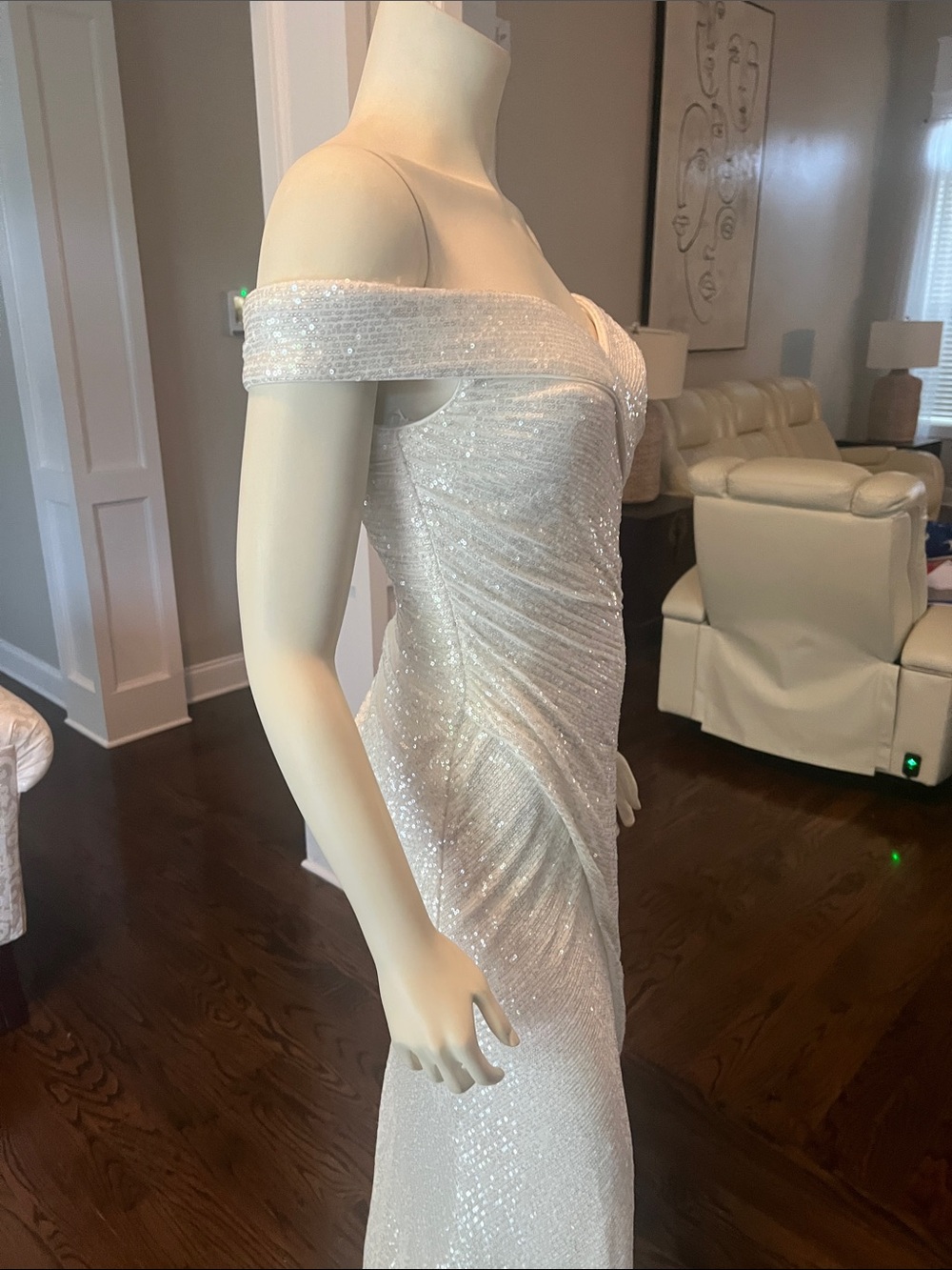 Off-Shoulder Glitter Evening Gown in White - Picture 6 of 12